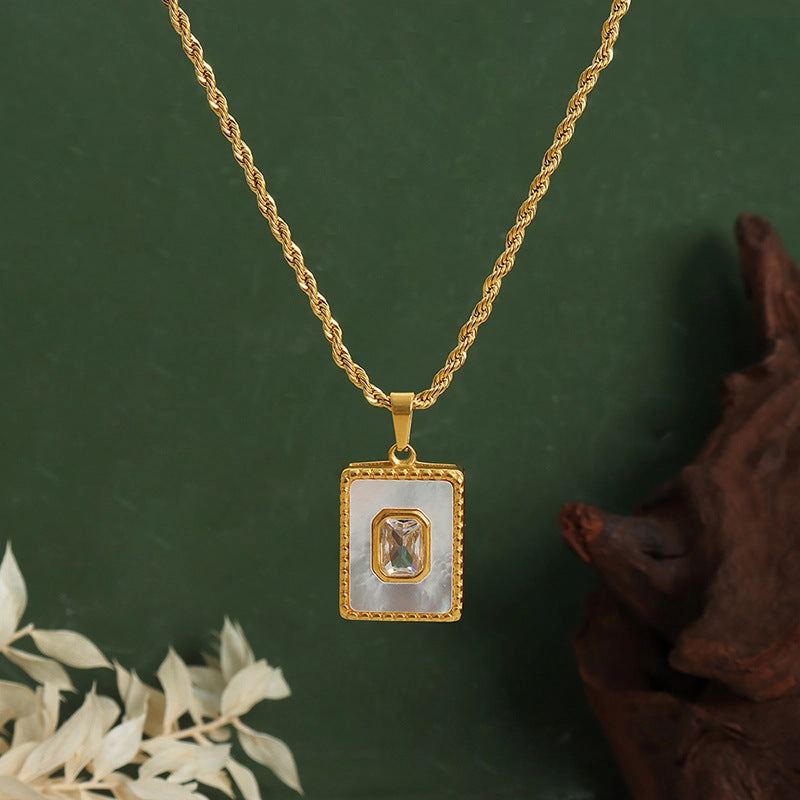 Wholesale Stainless Steel Twist Pendant Square White Shell 18K Gold Plated Necklace