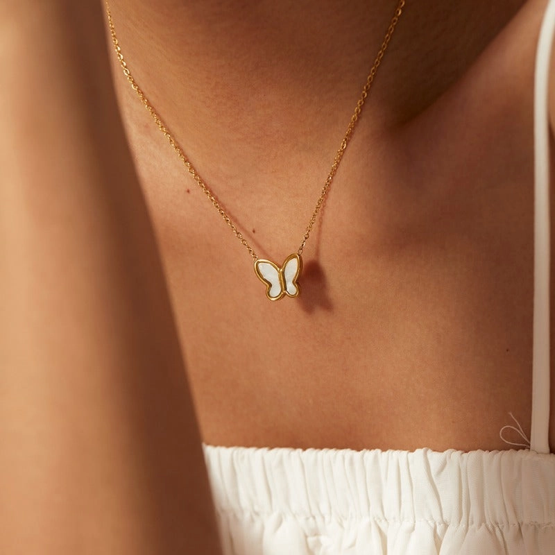 Wholesale Stainless Steel White Shell Butterfly Necklaces