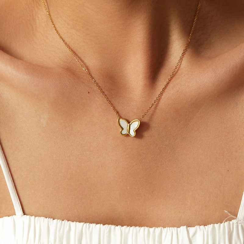 Wholesale Stainless Steel White Shell Butterfly Necklaces