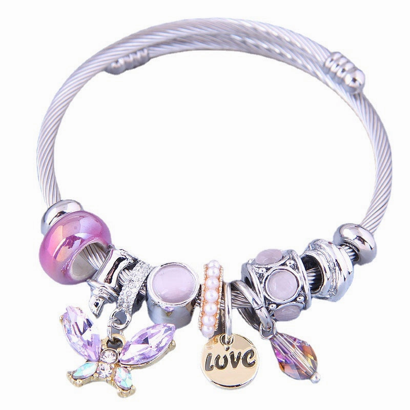 Wholesale Stainless Steel Wire Crystal Butterfly Tassel Beaded Opening Adjustable Bracelet