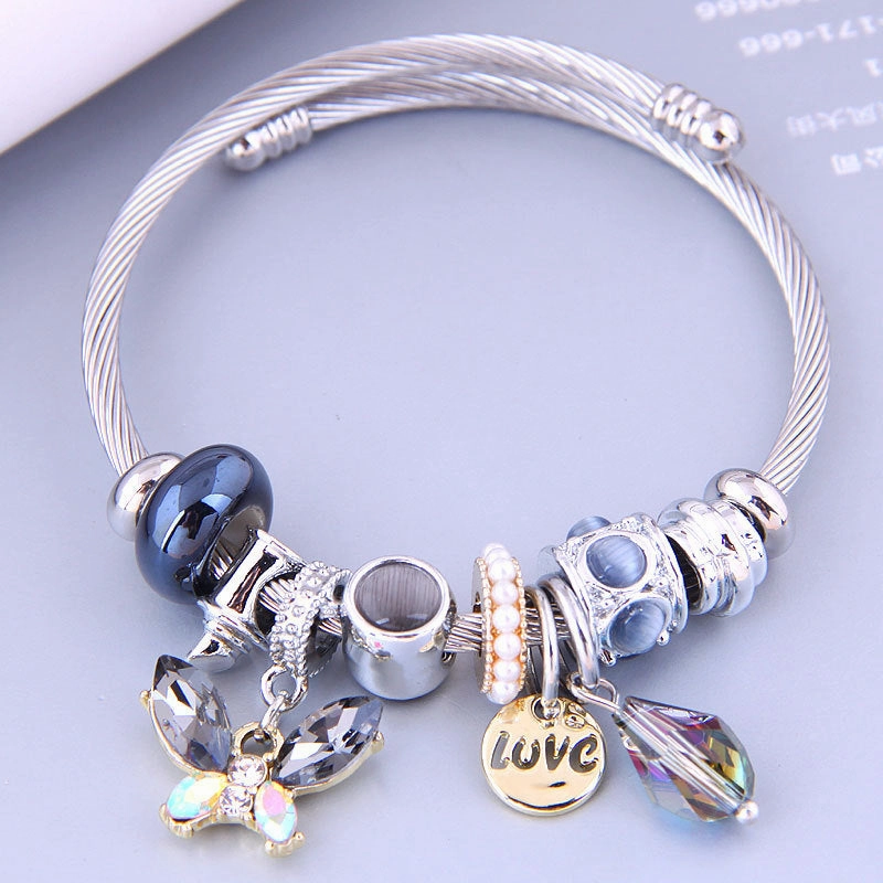 Wholesale Stainless Steel Wire Crystal Butterfly Tassel Beaded Opening Adjustable Bracelet