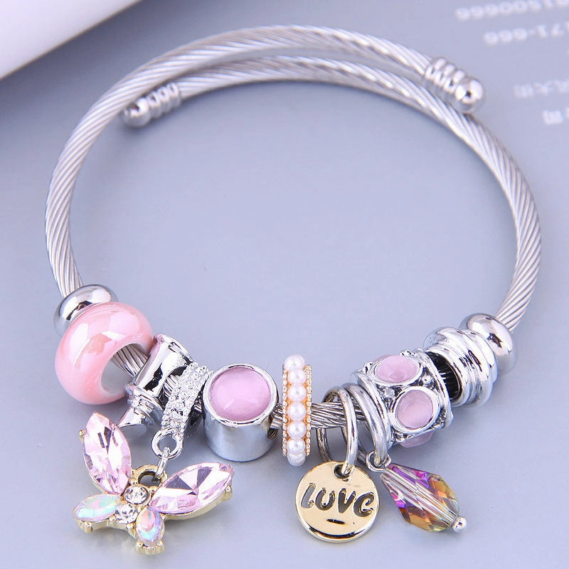 Wholesale Stainless Steel Wire Crystal Butterfly Tassel Beaded Opening Adjustable Bracelet