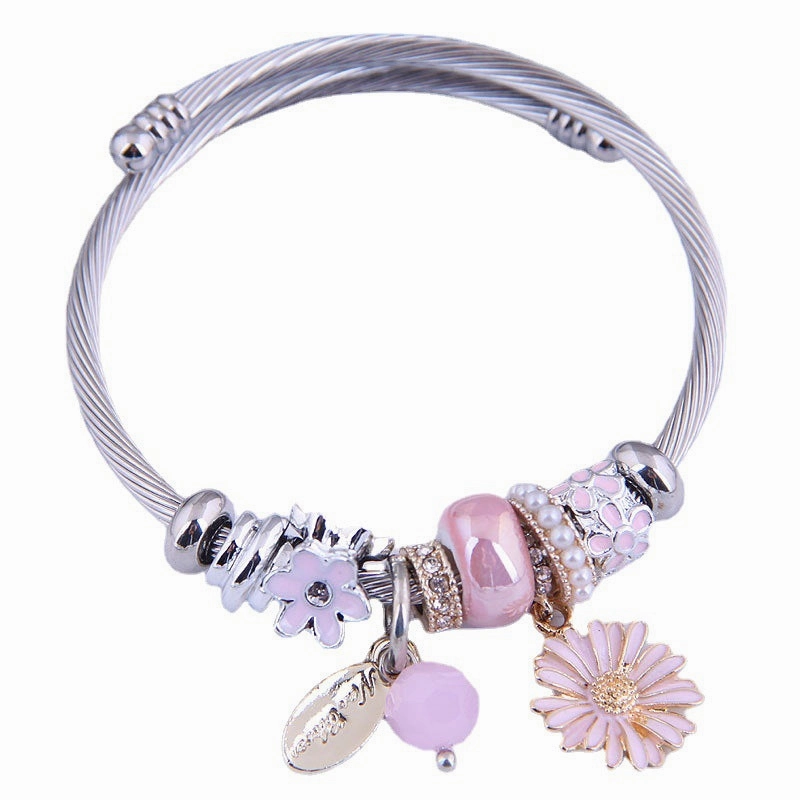 Wholesale Stainless Steel Wire Handmade Beaded Daisy Crystal Adjustable Bracelet