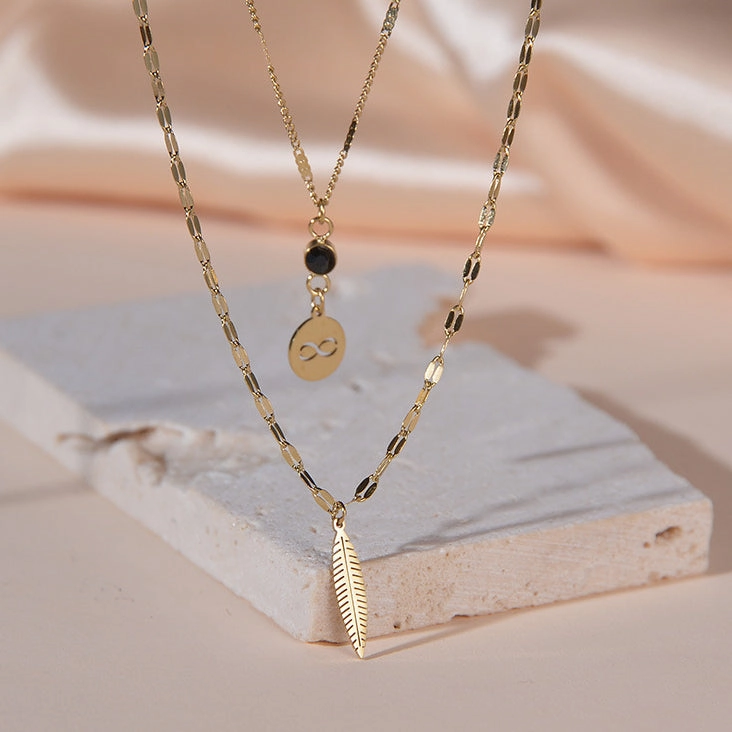 Wholesale Stainless Steel Wireless Symbol Feather Black Diamond Dual -layer Necklace