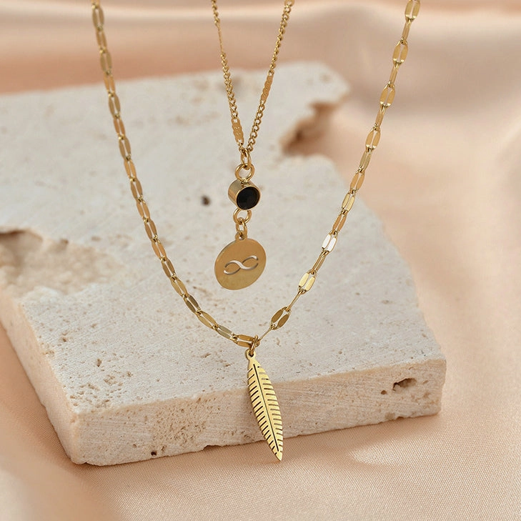 Wholesale Stainless Steel Wireless Symbol Feather Black Diamond Dual -layer Necklace