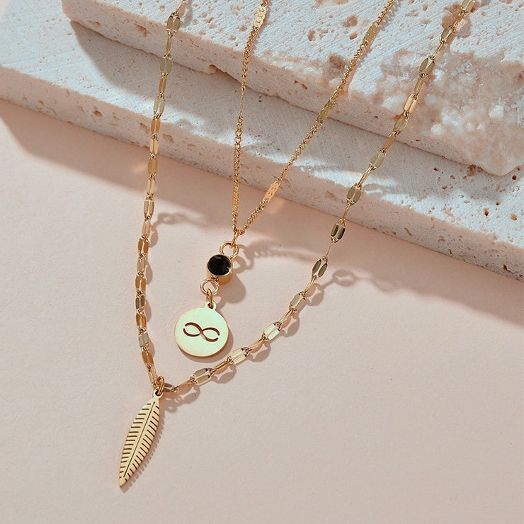 Wholesale Stainless Steel Wireless Symbol Feather Black Diamond Dual -layer Necklace