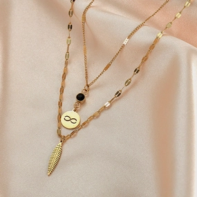 Wholesale Stainless Steel Wireless Symbol Feather Black Diamond Dual -layer Necklace