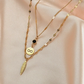 Wholesale Stainless Steel Wireless Symbol Feather Black Diamond Dual -layer Necklace