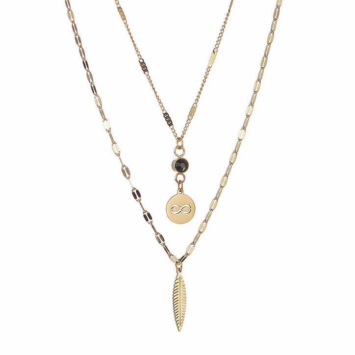Wholesale Stainless Steel Wireless Symbol Feather Black Diamond Dual -layer Necklace