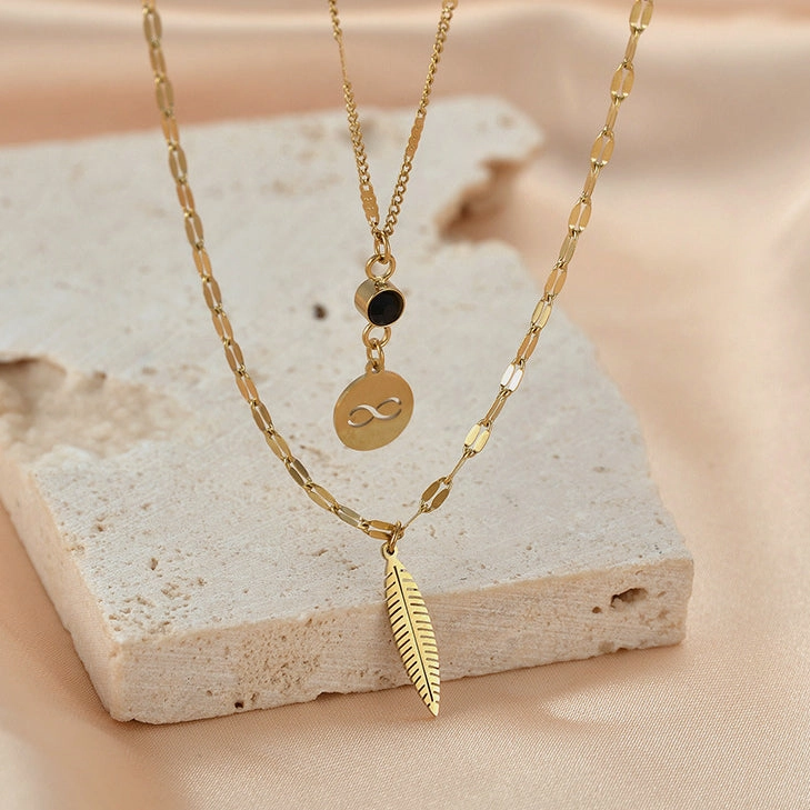 Wholesale Stainless Steel Wireless Symbol Feather Black Diamond Dual -layer Necklace