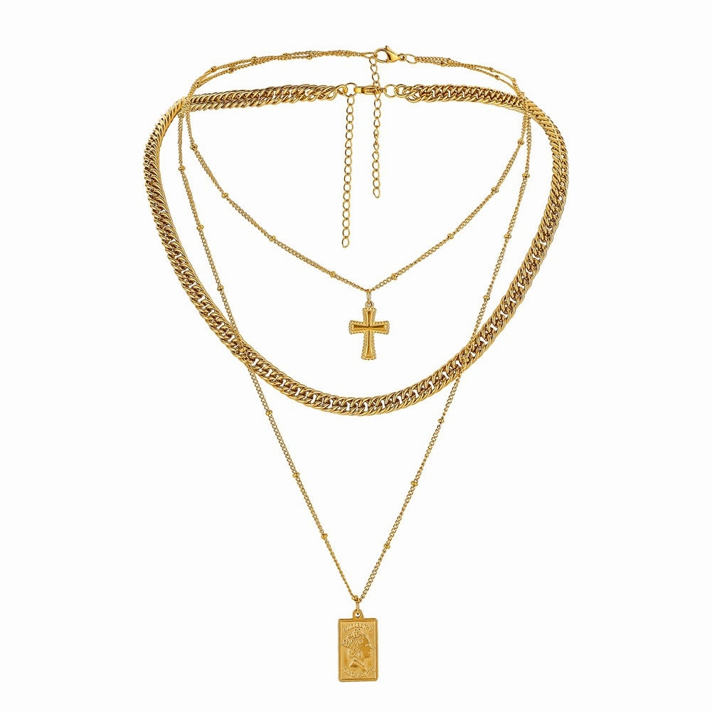 Wholesale Stainless Steel Word Frame Shield Multi-Layered Wearing Necklace
