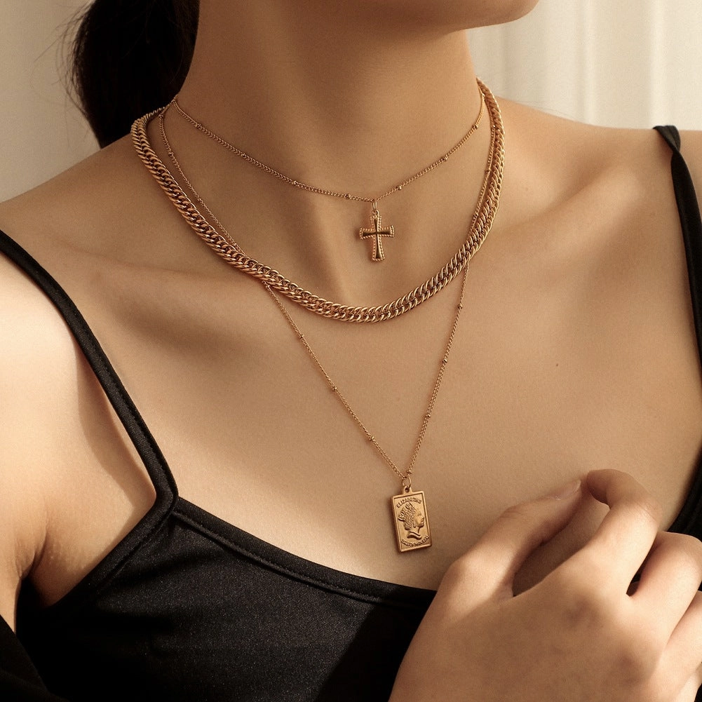 Wholesale Stainless Steel Word Frame Shield Multi-Layered Wearing Necklace