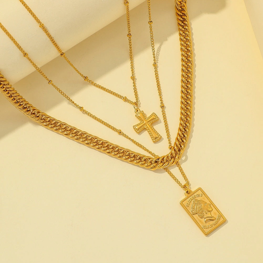 Wholesale Stainless Steel Word Frame Shield Multi-Layered Wearing Necklace