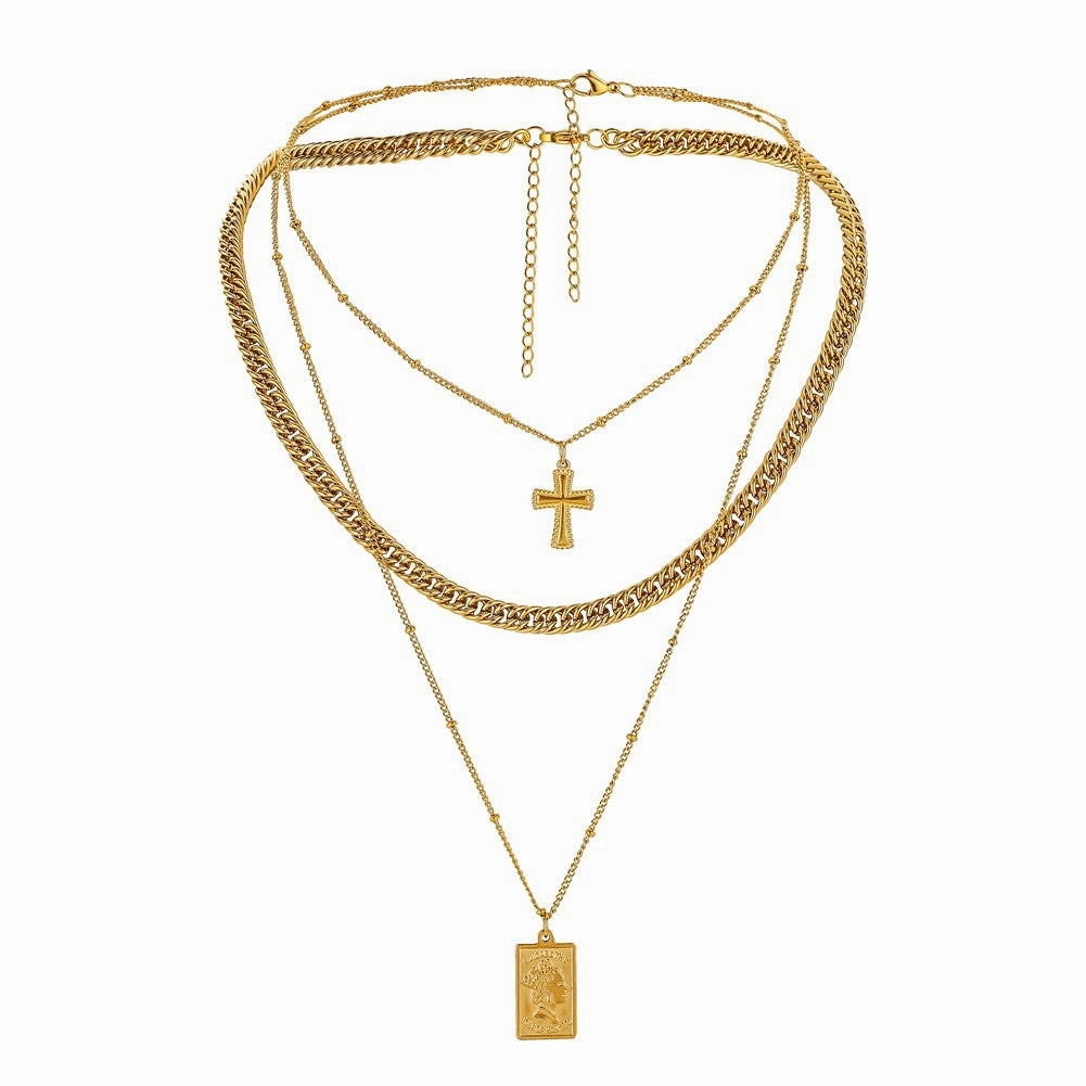 Wholesale Stainless Steel Word Frame Shield Multi-Layered Wearing Necklace
