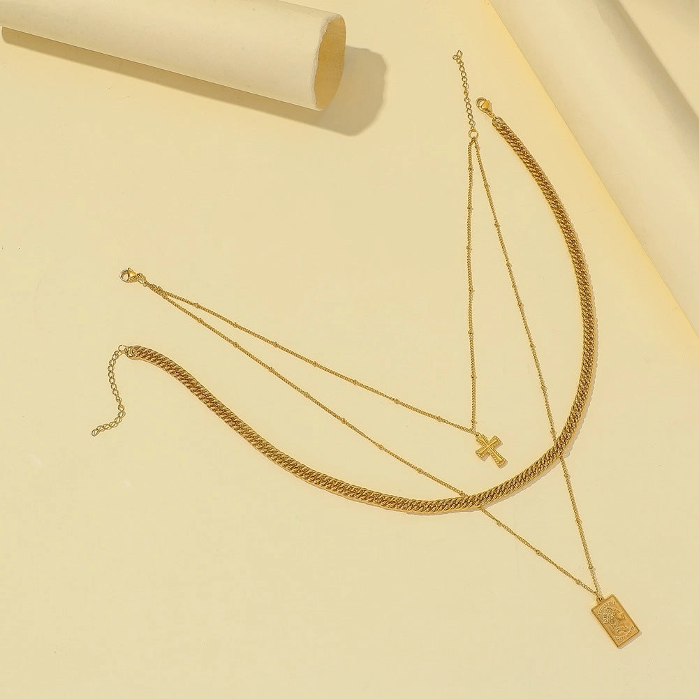 Wholesale Stainless Steel Word Frame Shield Multi-Layered Wearing Necklace