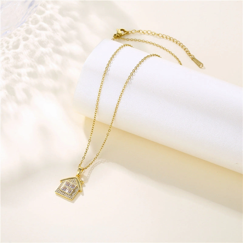 Wholesale Stainless Steel Zircon House Shape Cross Chain Creative Necklace
