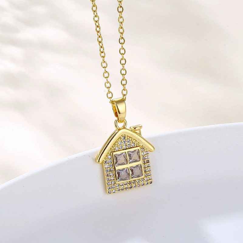 Wholesale Stainless Steel Zircon House Shape Cross Chain Creative Necklace