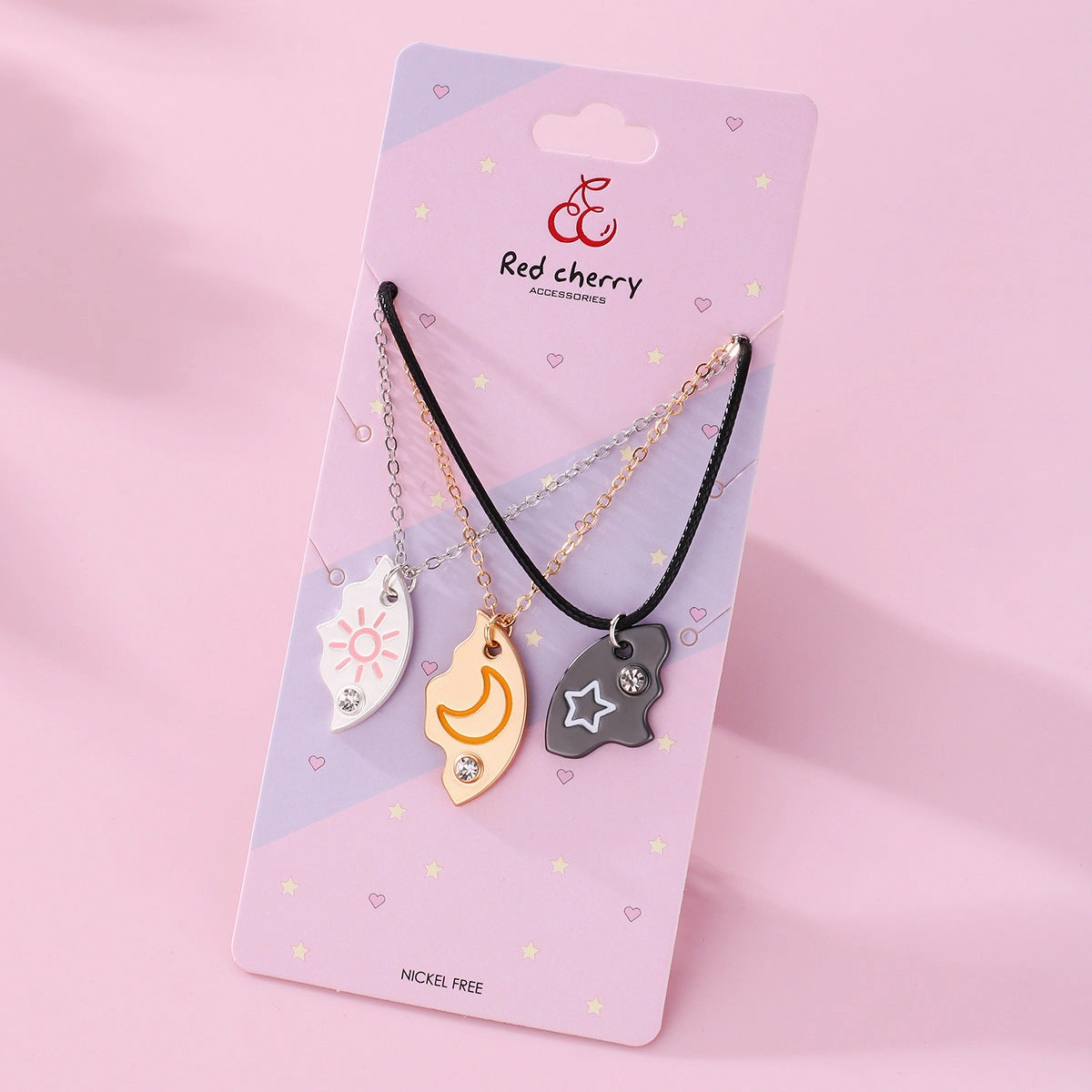 Wholesale Star and Moon Trio Alloy Dripping Oil Stitching Round Pendant Necklace Set