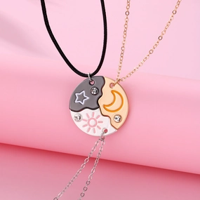 Wholesale Star and Moon Trio Alloy Dripping Oil Stitching Round Pendant Necklace Set