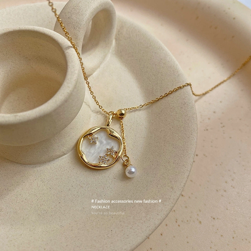 Wholesale Star Micro Paved Pendant Pearl Clavicle Titanium Steel Necklaces