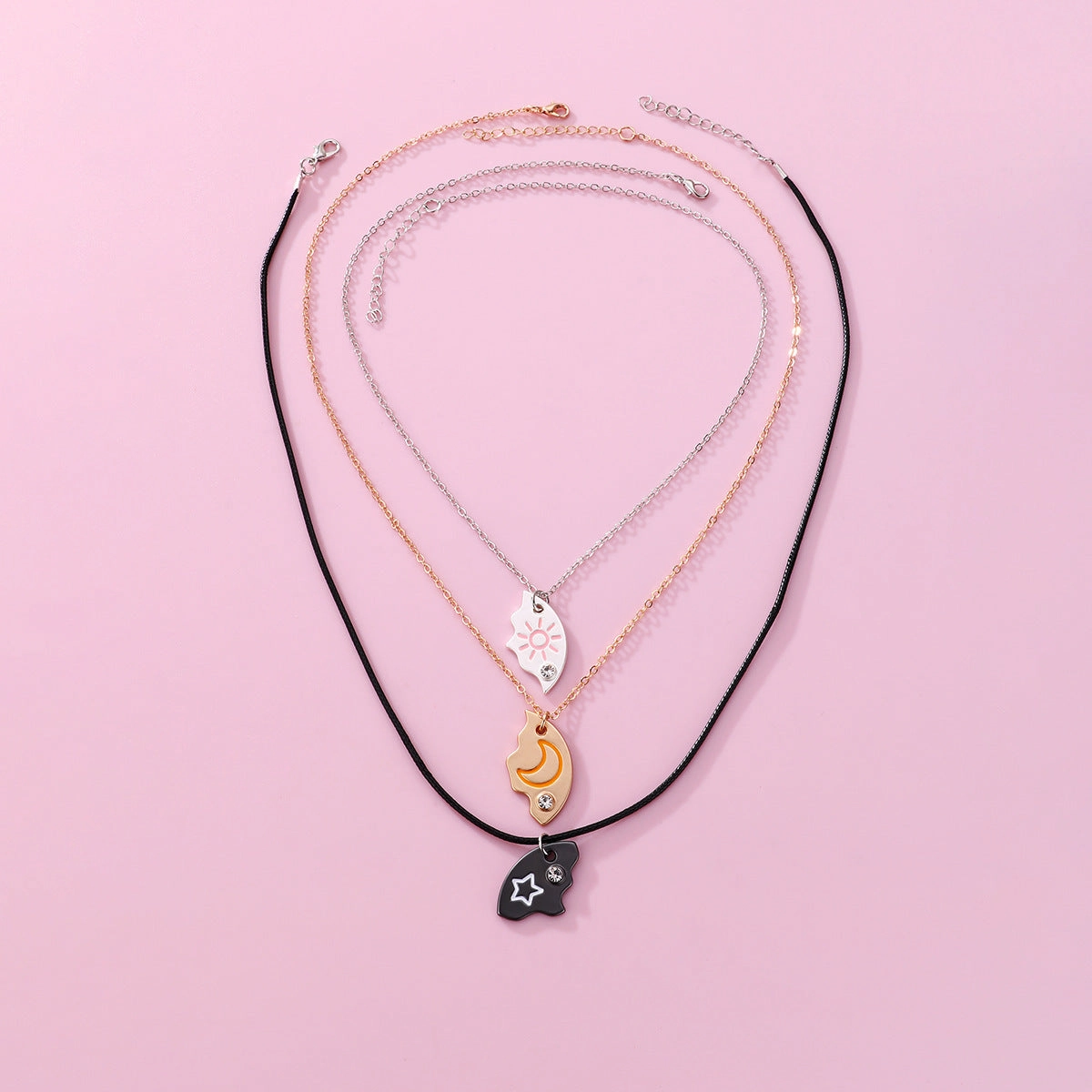 Wholesale Star Moon Three Person Stitching Round Oil Drop Necklace