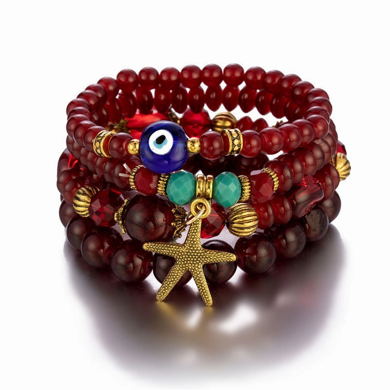 Wholesale Starfish Devil Eye Glass Beads Multilayer Bracelet