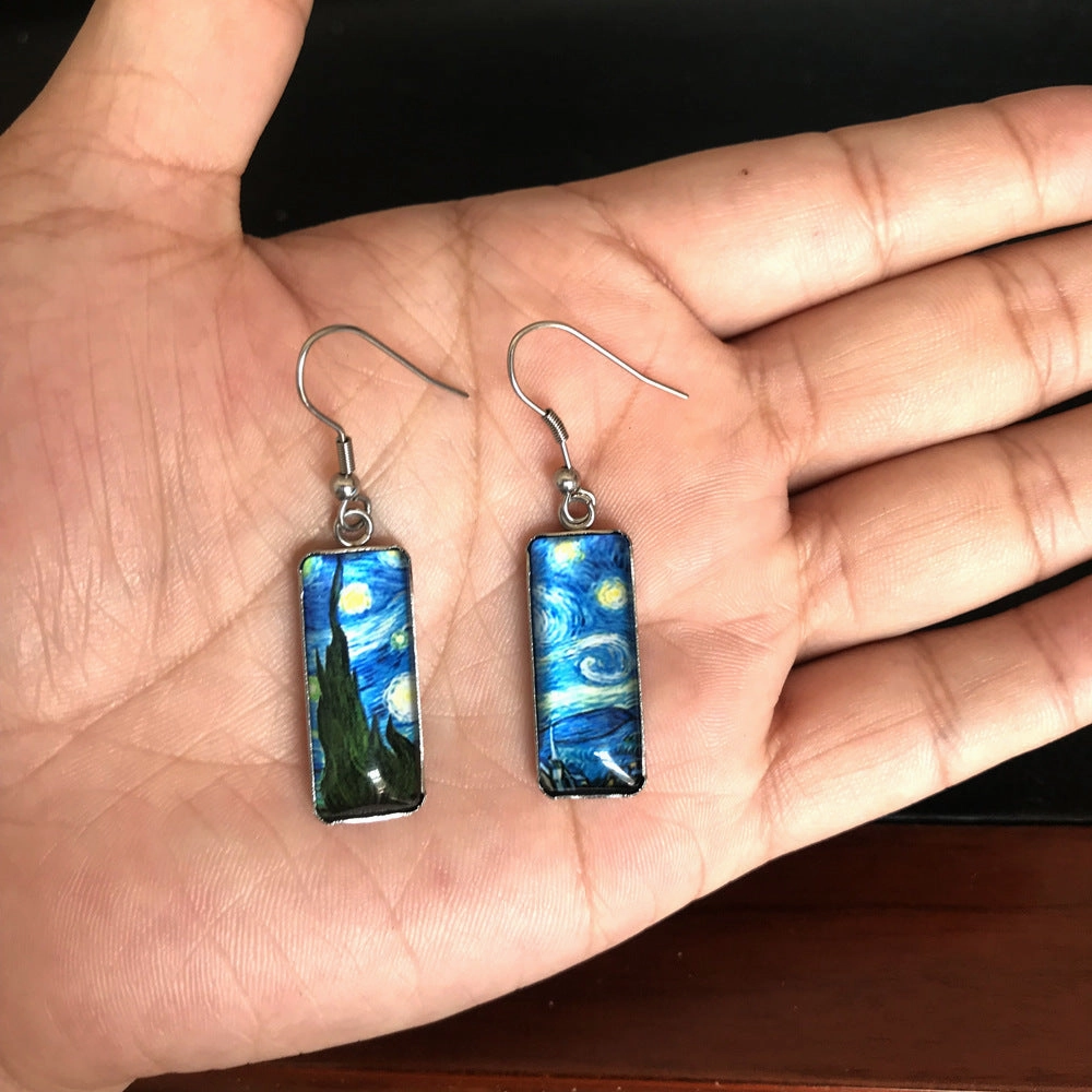 Wholesale Starry Sky Time Gemstone Rectangular Glass Earrings