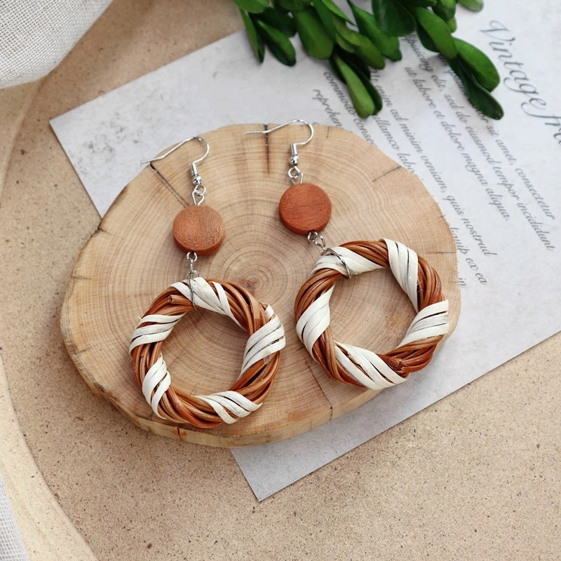 Wholesale Straw Rattan Woven Alloy Earrings