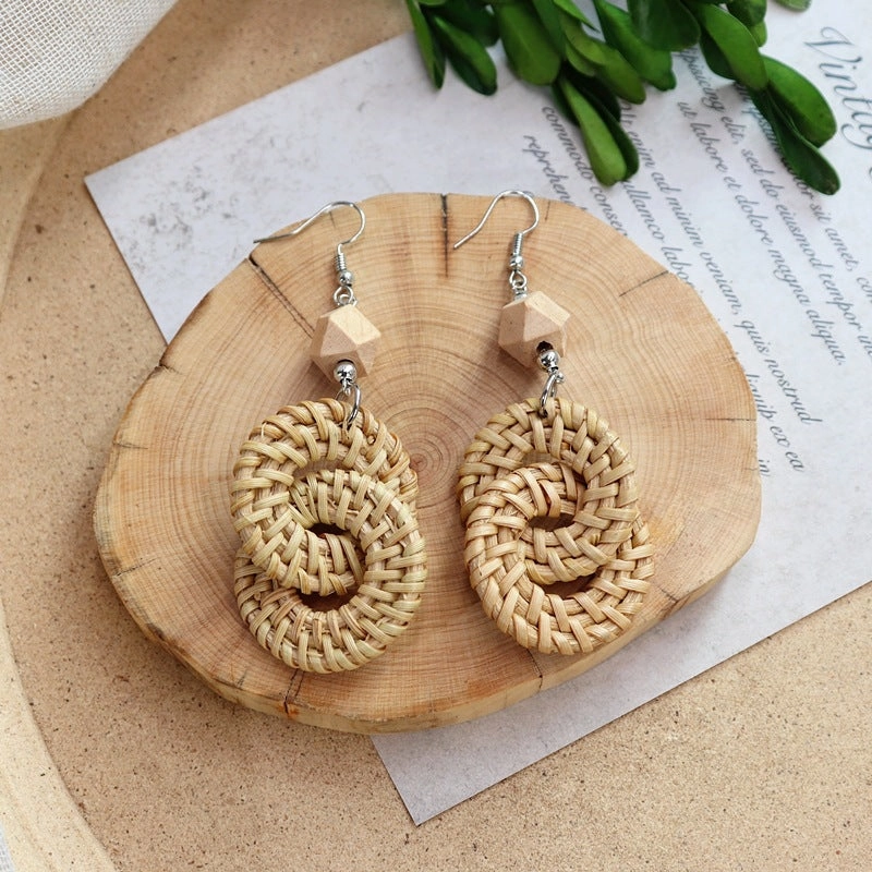 Wholesale Straw Rattan Woven Alloy Earrings