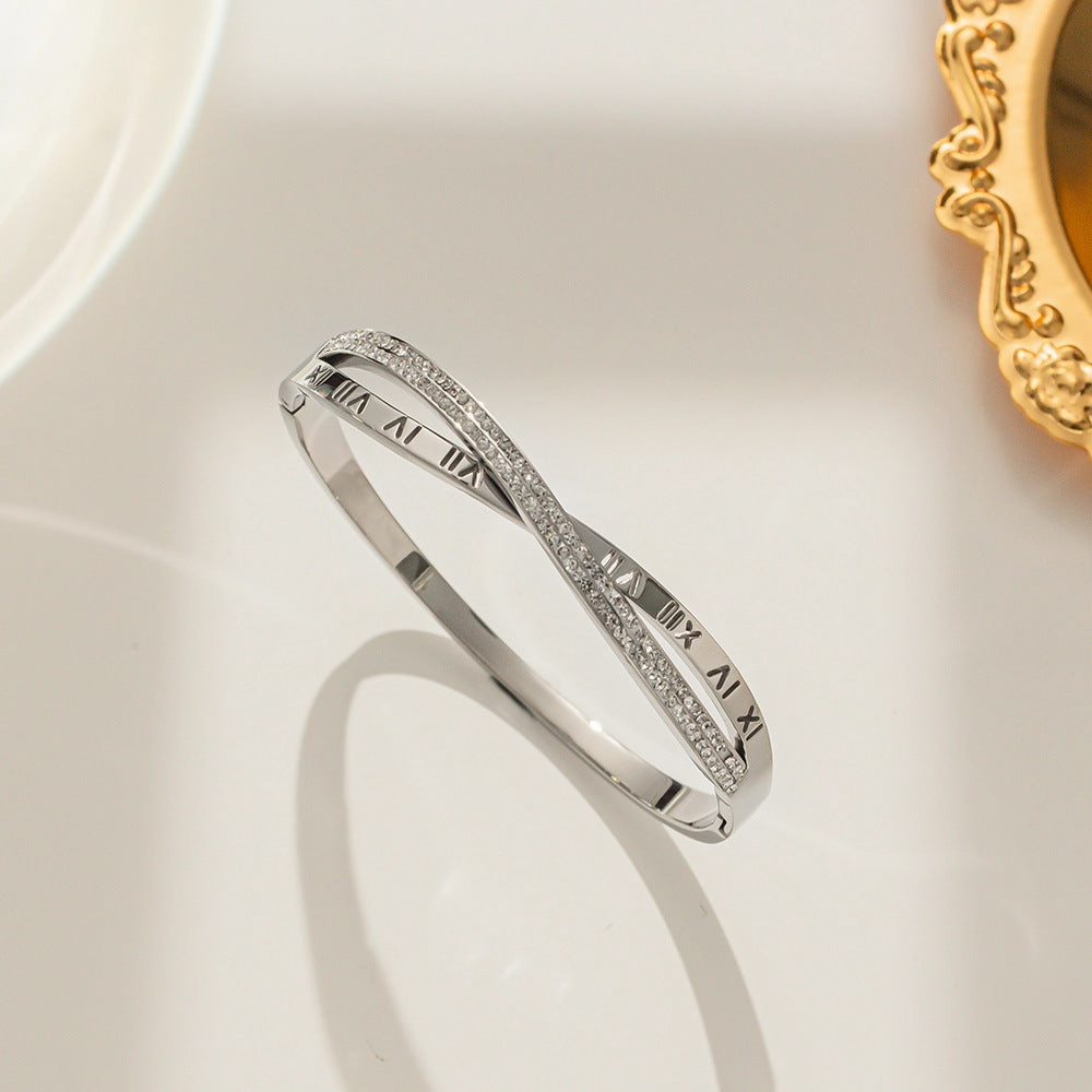 Wholesale Stylish Full Diamond Zircon Roman Numeral Cross Titanium Steel Bracelet