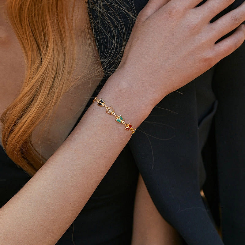 Wholesale Summer Colored Glass Diamond Butterfly Copper Bracelet