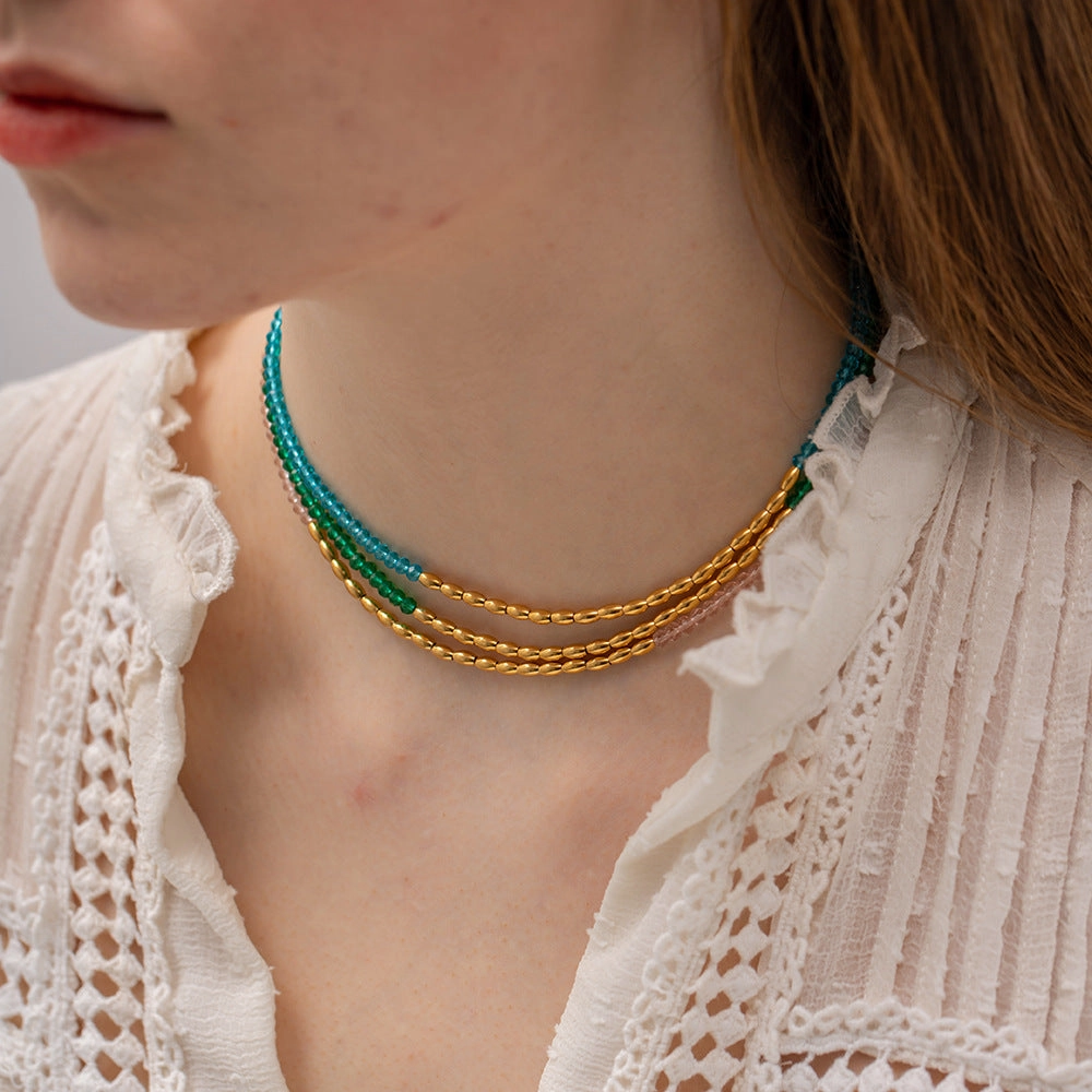 Wholesale Summer Titanium Steel Color Beaded Necklace