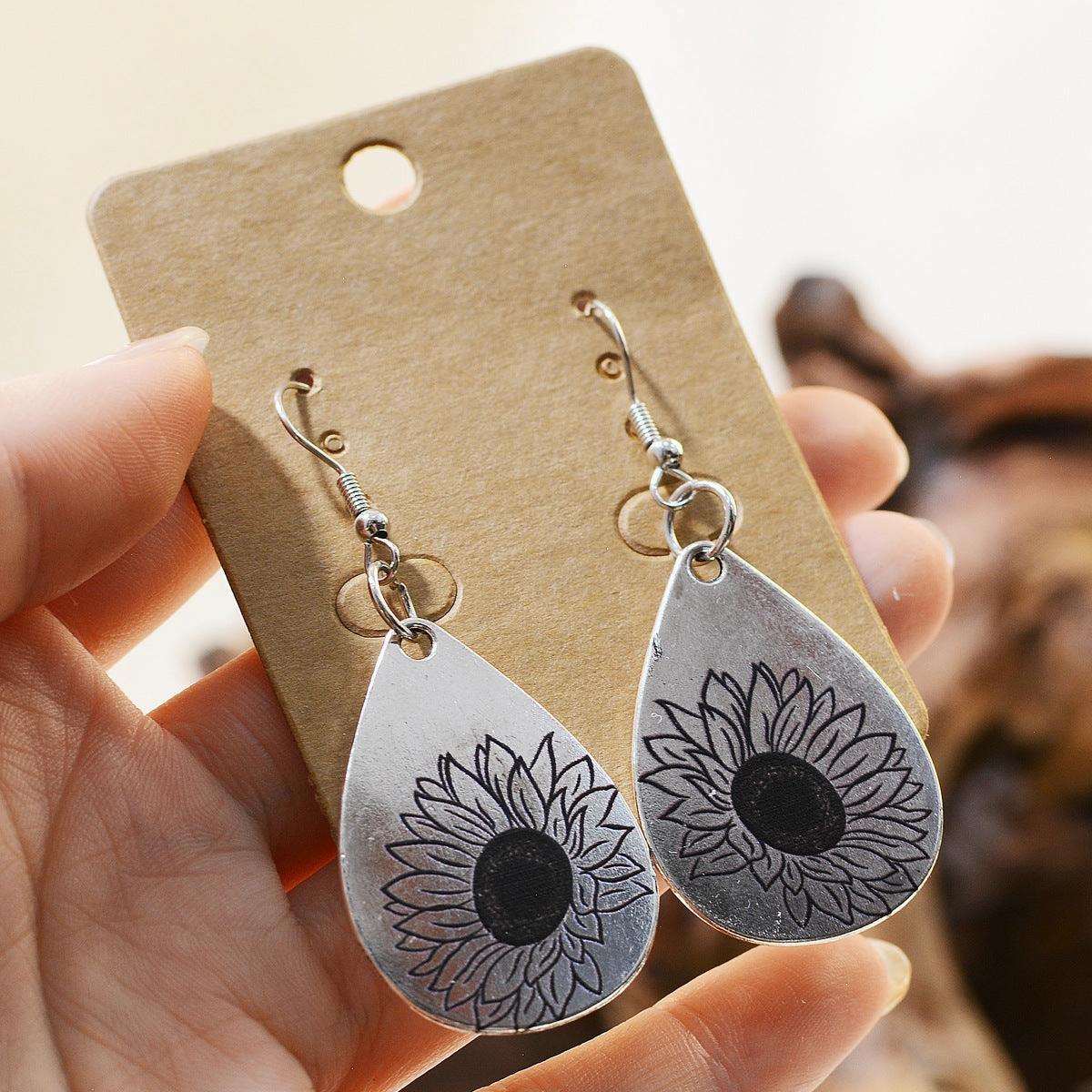 Wholesale Sunflower Hand Painted Texture Sketching Leather Earrings
