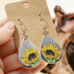 Wholesale Sunflower Hand Painted Texture Sketching Leather Earrings