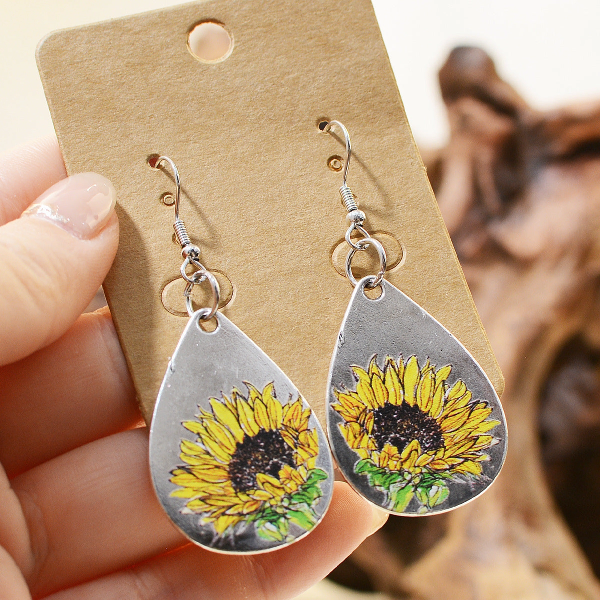 Wholesale Sunflower Hand Painted Texture Sketching Leather Earrings