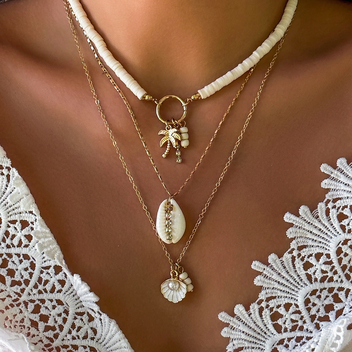 Wholesale Sunflower Multi-layered Pearl Shell Necklace