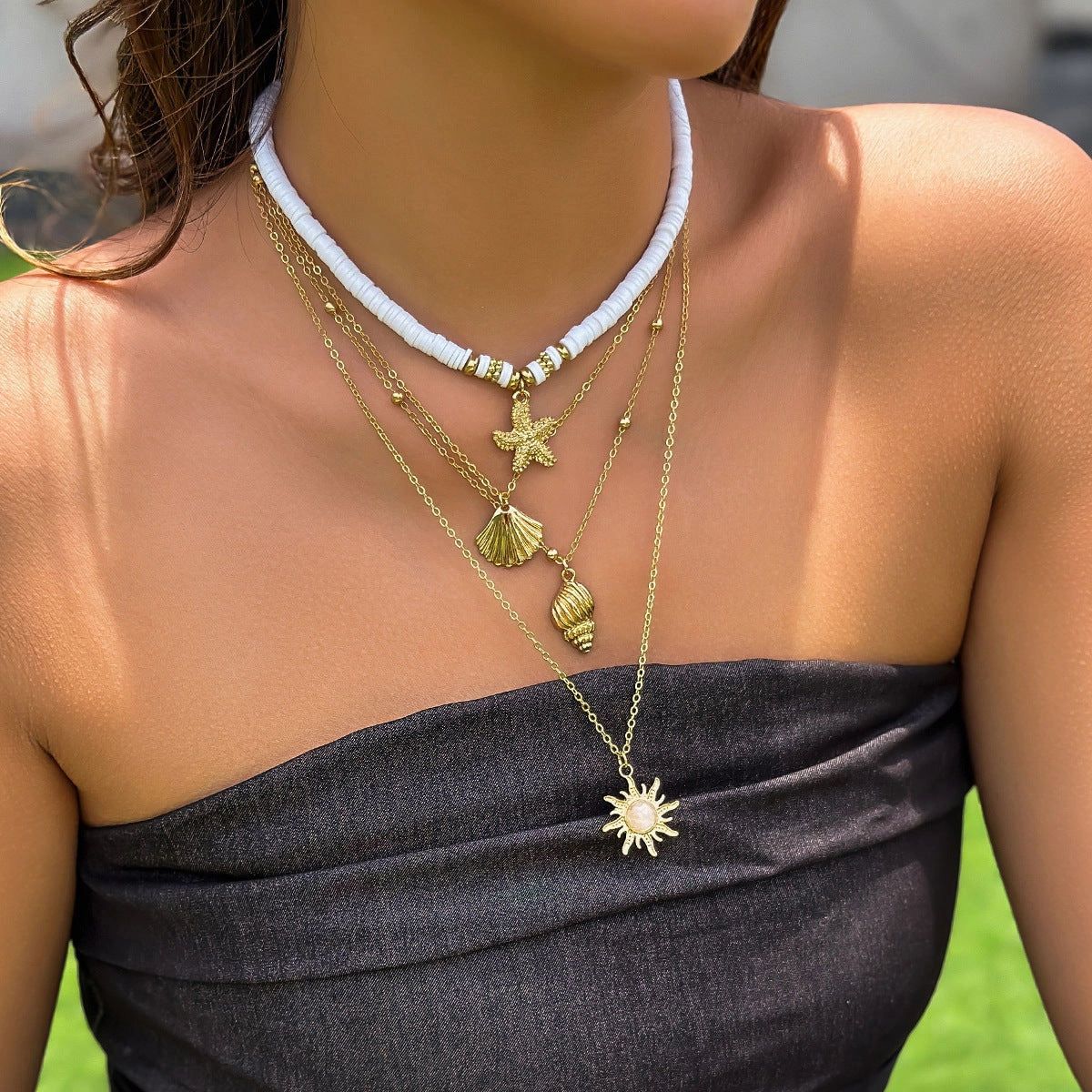 Wholesale Sunflower Multi-layered Pearl Shell Necklace