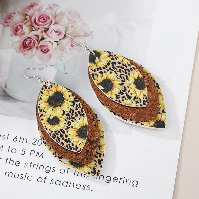 Wholesale Sunflowers, Sunflowers, Three Layer Sequins, Leaf Shaped Earrings, Leather Earrings