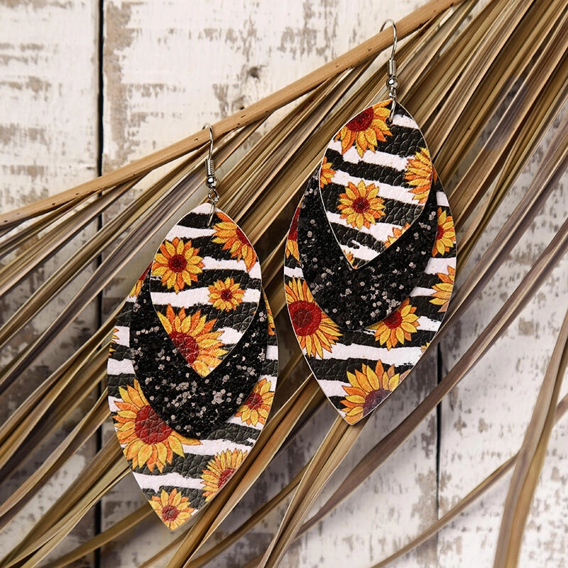 Wholesale Sunflowers, Sunflowers, Three Layer Sequins, Leaf Shaped Earrings, Leather Earrings