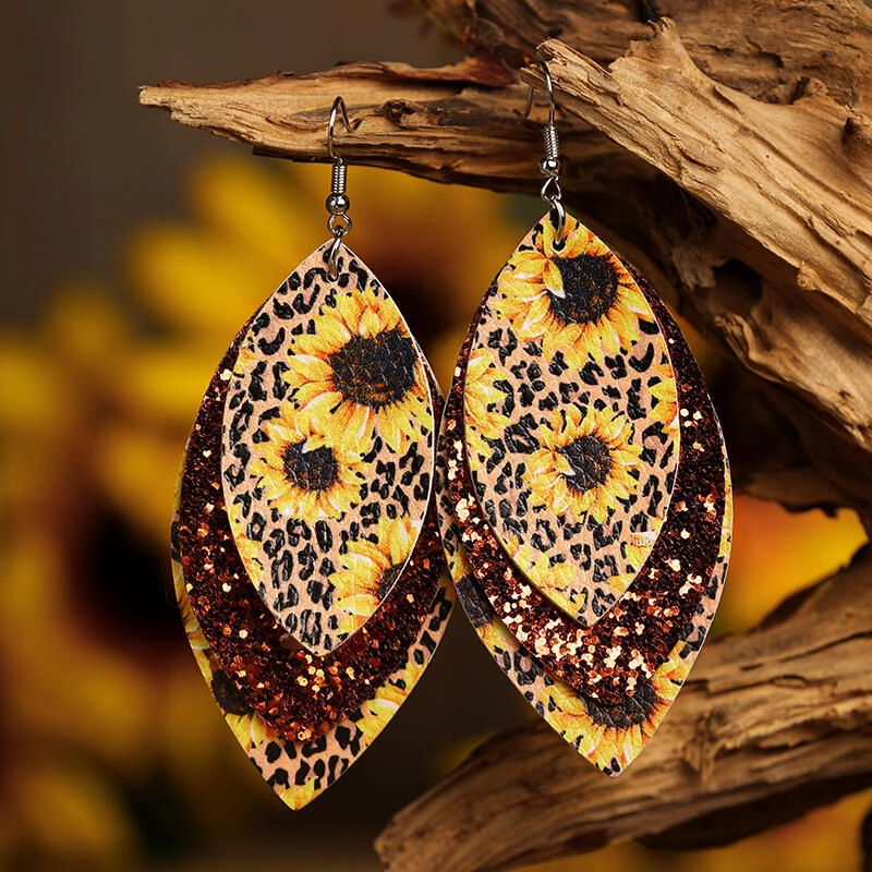 Wholesale Sunflowers, Sunflowers, Three Layer Sequins, Leaf Shaped Earrings, Leather Earrings