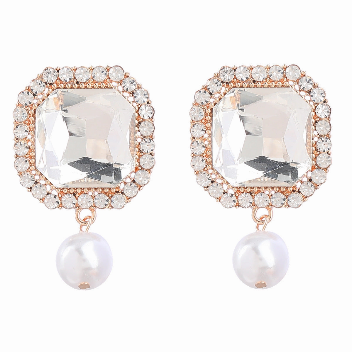 Wholesale Super Flash Claw Chain Square Alloy Diamond Pearl Earrings