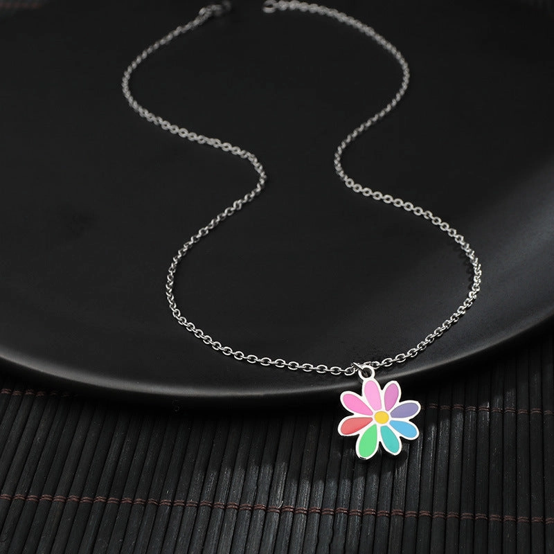 Wholesale Sweater Chain Seven Color Small Flower Titanium Steel Pendant Necklaces