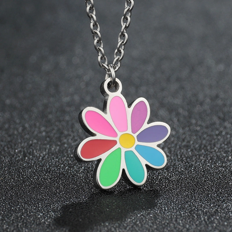 Wholesale Sweater Chain Seven Color Small Flower Titanium Steel Pendant Necklaces