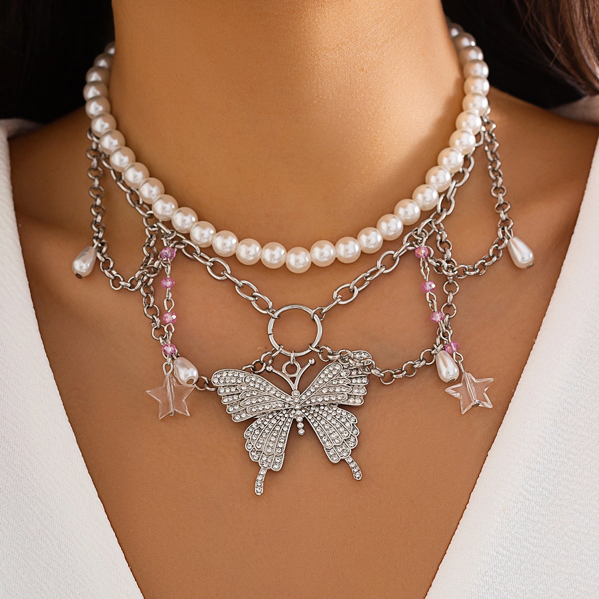 Wholesale Sweet Design Feeling Pearl Sweet Cool Y2K Butterfly Alloy Necklace