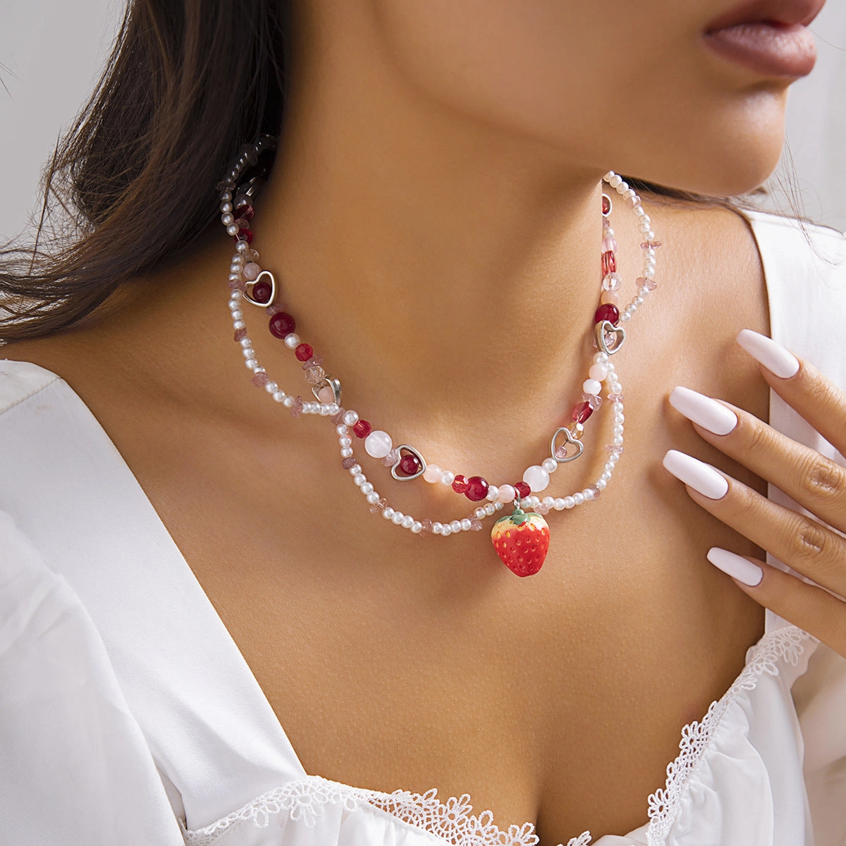 Wholesale Sweet Strawberry Butterfly Imitation Pearl Tassel Necklace