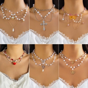 Wholesale Sweet Strawberry Butterfly Imitation Pearl Tassel Necklace