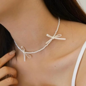 Wholesale Sweet Style Ribbon Bow Pearl Necklace Clavicle Chain