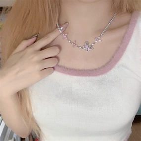Wholesale Sweetheart Sakura Pink Asymmetric Butterfly Necklace for Women