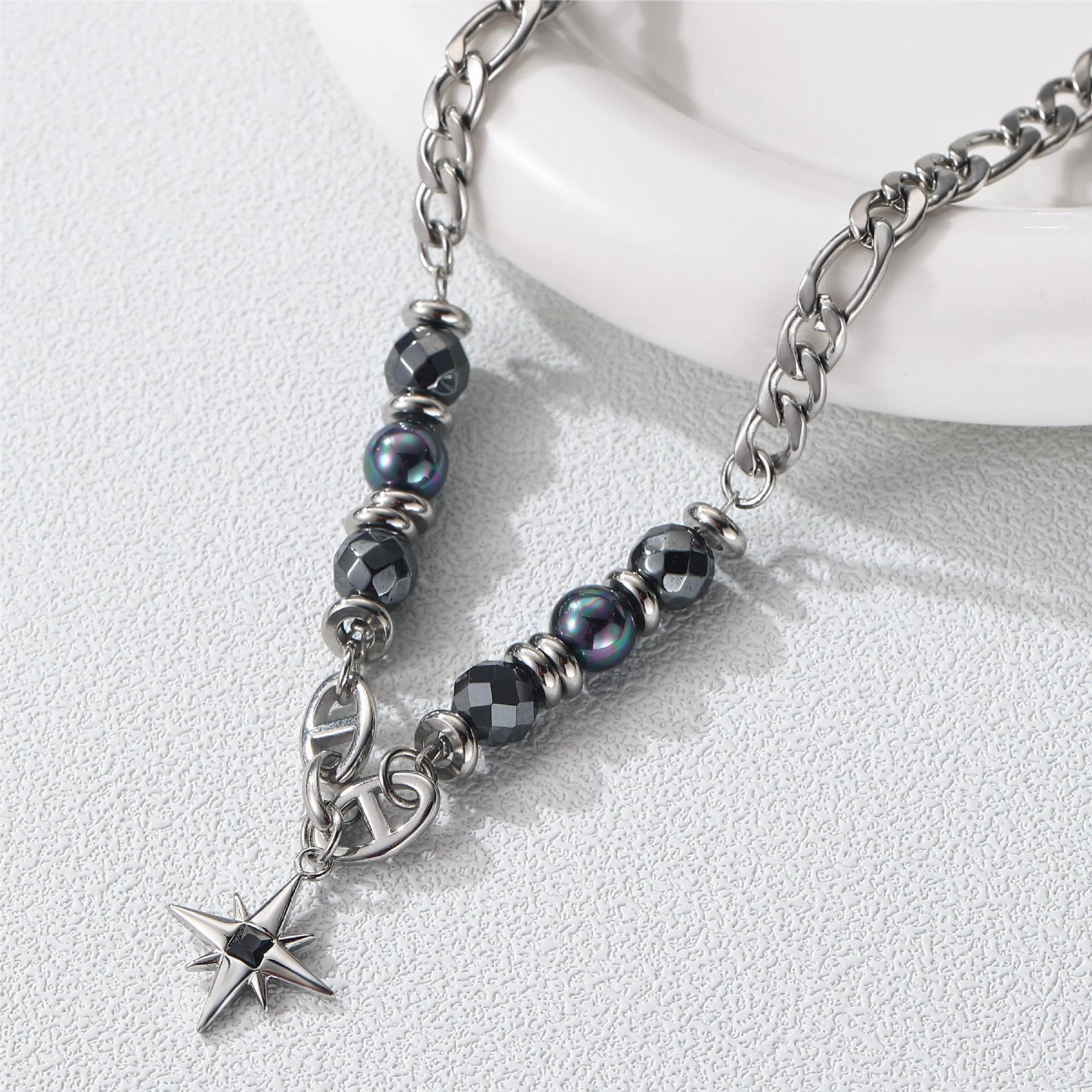 Wholesale Symphony Beads Obsidian Star Titanium Steel Necklace
