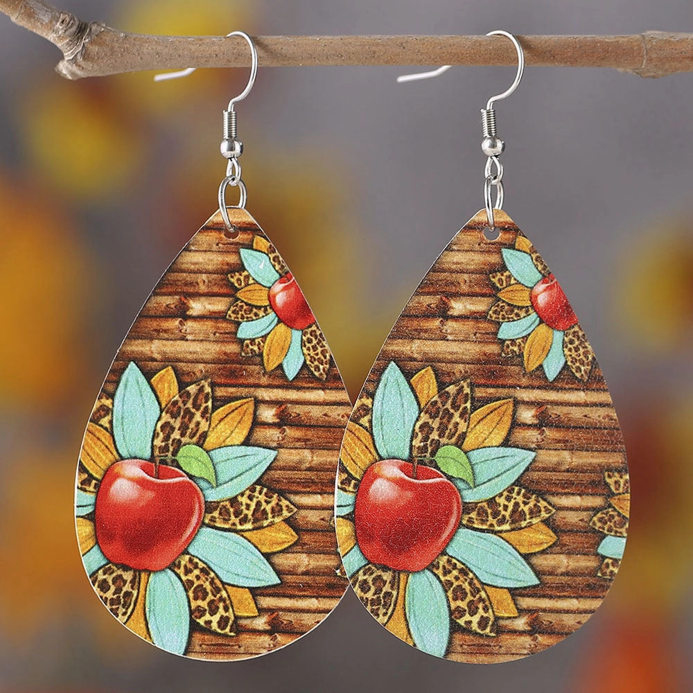 Wholesale Teacher Apple Leopard Leather Drop Earrings